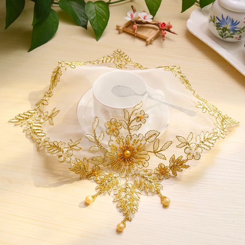 European Handmade Beaded Lace Square Table Mat Coaster Jewelry Antique Cover Phone Desk Lamp Bedroom Study Kitchen Decoration