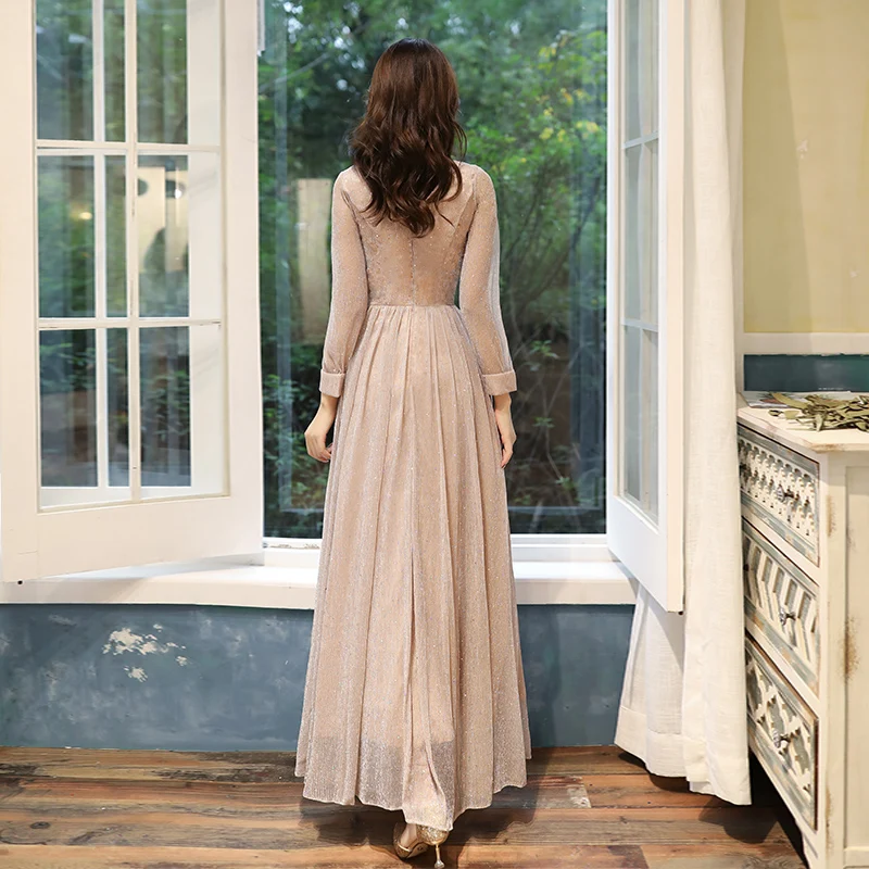 French Style Women Elegant Evening Dress 2020 New Fashion Sexy V-neck Full Sleeve Formal Dress a Line Illusion Champagne Dress