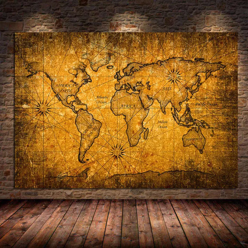 Mapa del mundo Vintage, pintura en lienzo, carteles e impresiones, mapa antiguo, mapa Retro antiguo, arte de pared para sala de estar, decoración del hogar sin marco