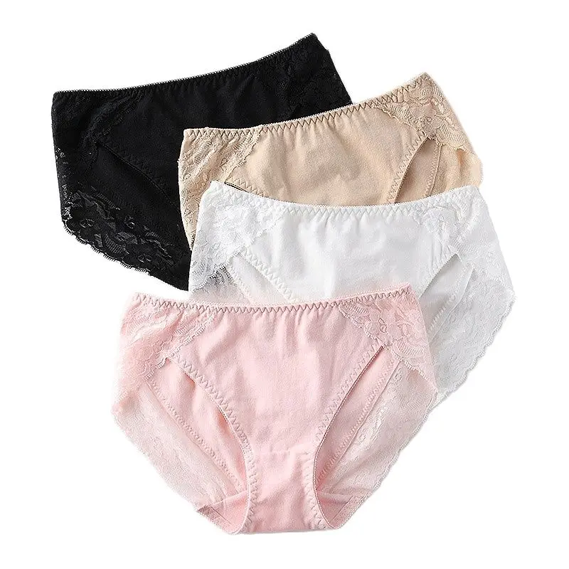 

M - XXL Women's cotton panties women's cotton briefs mis-rise female lace panties 4 pieces cotton underpants women underwear