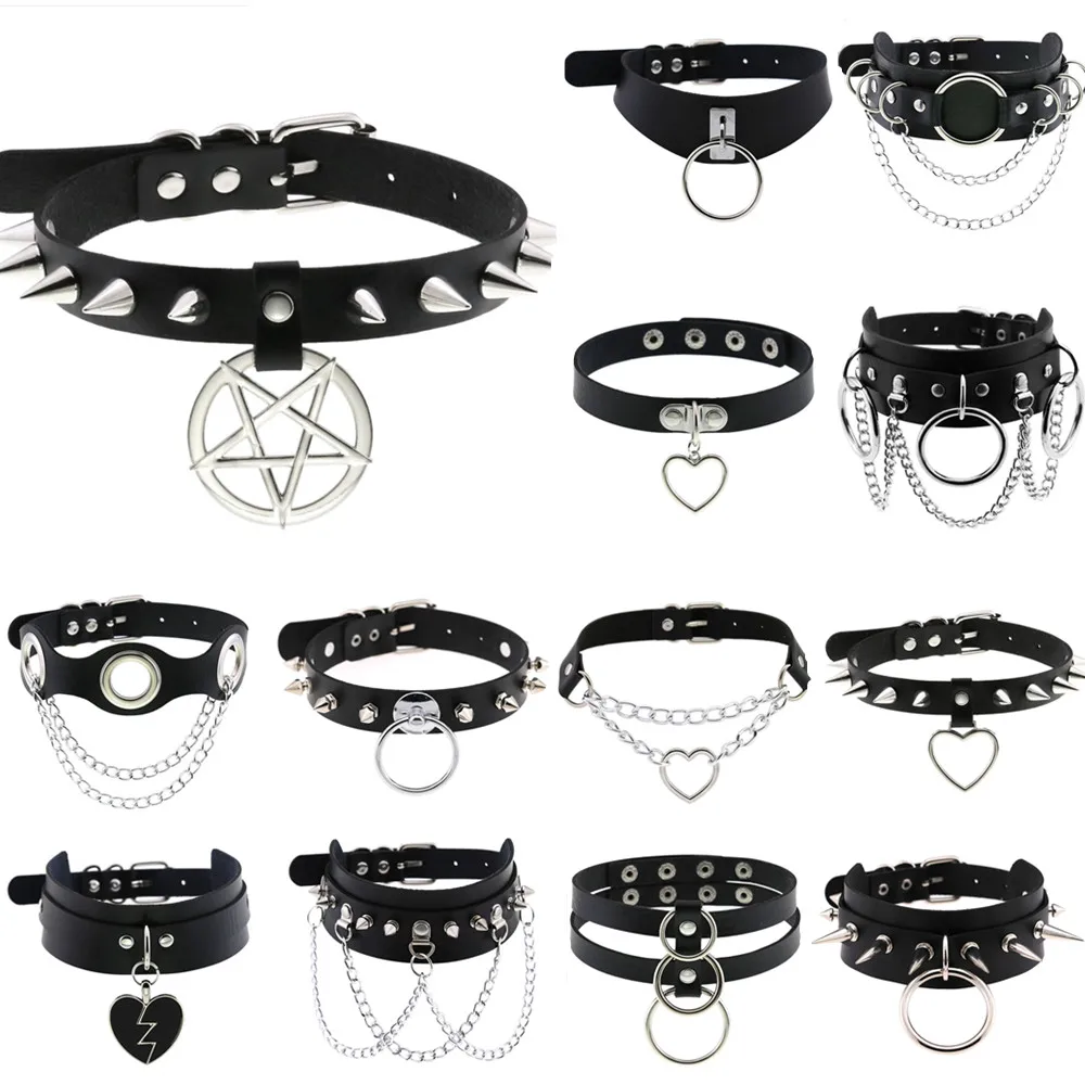 DIEZI Harajuku Black PU Leather Choker Necklace For Women Men Punk Gothic Round Heart Star Statement Pendant Tassel Necklace