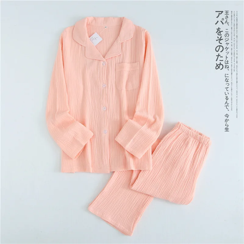 Japanese new cotton crepe men\'s long-sleeved + trousers pajamas spring and autumn thin couple home service suit ladies pajamas