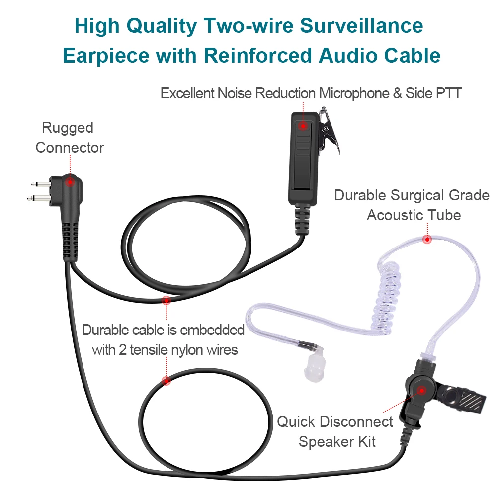 Bodyguard Security Headset, PTT Earpiece, 2 Pin Clear Acoustic Air Tube Earphone for Motorola, CP100, DP1400, CP040, DEP450