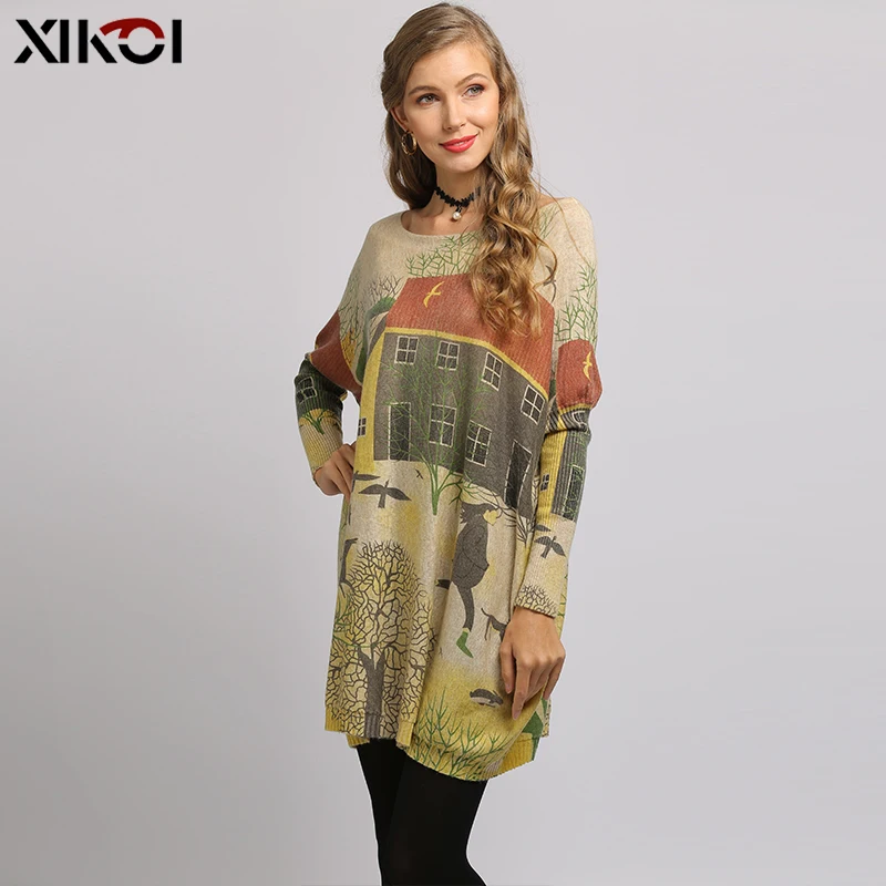 XIKOI Oversize Sweater Women Pullover Dress Pull Femme Relax Countryside Style Print Knitted Winter Warm Clothes Batwing Sleeve