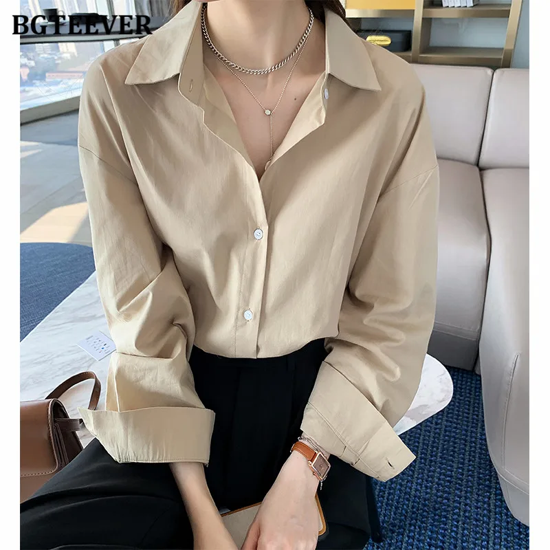 BGTEEVER Casual Single-breasted Loose Solid  Women Blouses Tops 2021 Autumn Winter Lapel Full Sleeve Ladies Shirts Elegant Blusa