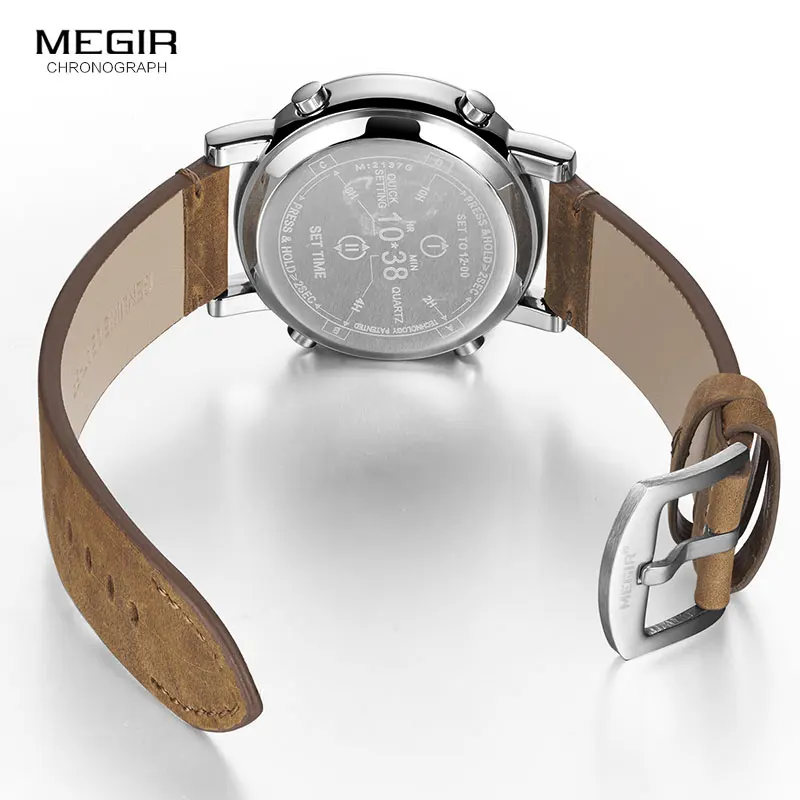 MEGIR 2019 New Top Band Watches Men Military Sport Brown Leather Quartz Wrist Watch Luxury Drum Roller relogio masculino 2137