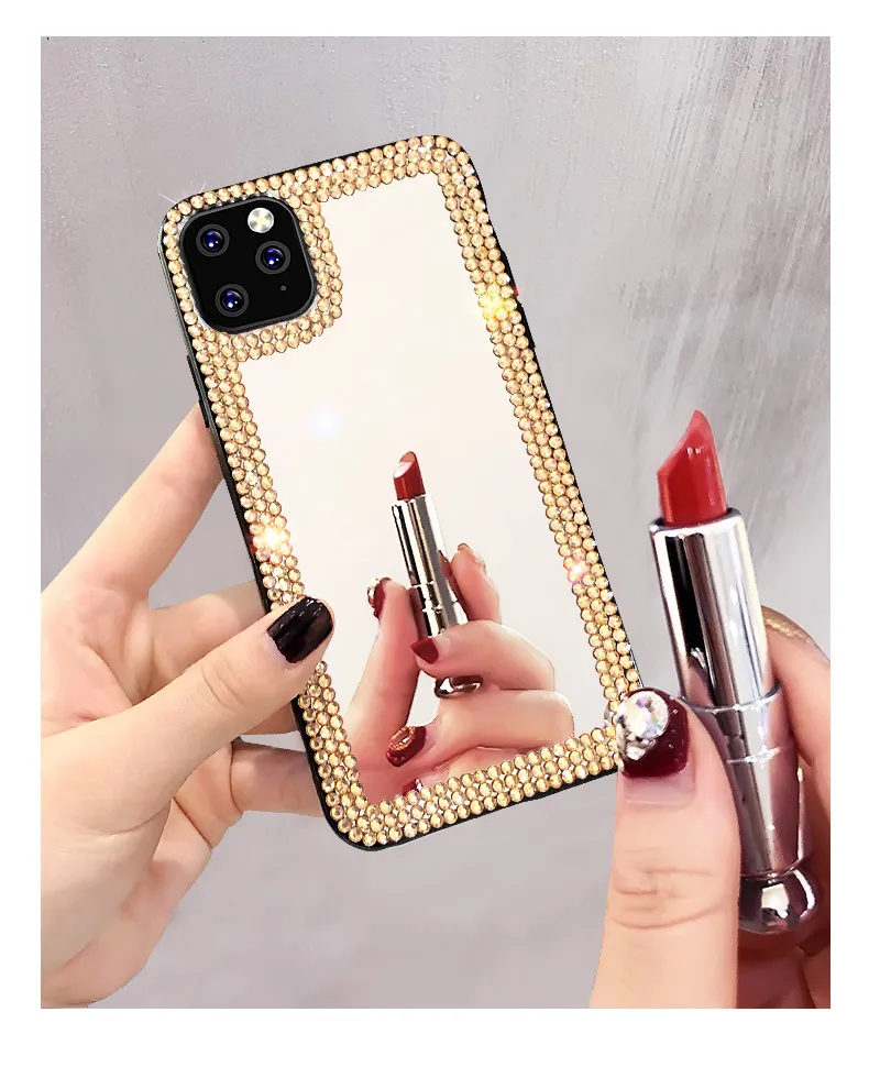 Women Rhinestone Diamond Mirror Case For iPhone 14 13 12 11 Pro Max XR XS Case Luxury For iPhone 17 16 15 Pro Max Makeup Cover