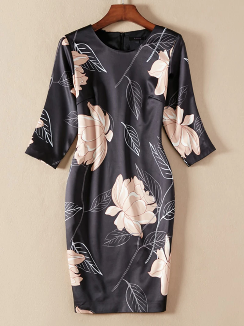 Flower Print Women Sheath Dress Round Neck 3/4 Sleeve Casual Dresses