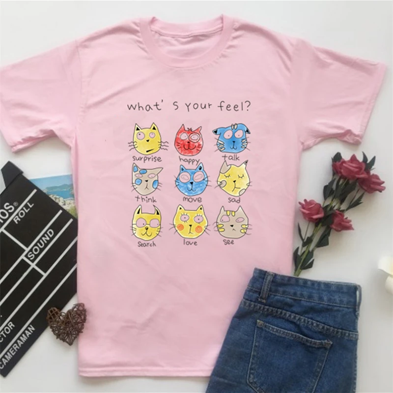 What's Your Feel Different Emotion Cats Printed T Shirt Women Short Sleeve Vintage Tumblr Streetwear Graphic Tops