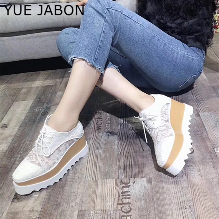 White Black Women Summer Sneakers Lace Wedge Square Toe Shoes Thick Heel Lace Up Platform Lady Shoes breathable Star Casual Shoe