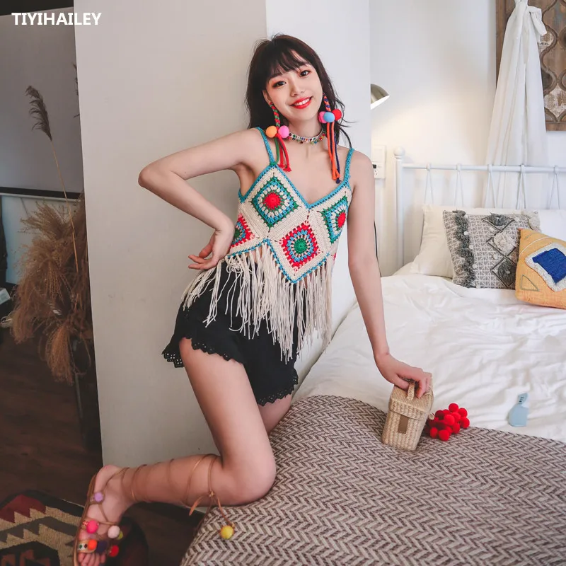 

TIYIHAILEY Free Shipping 2021 New Fashion Sleeveless Summer Sweaters Tops Hand Made Knitted Crochet Colorful Tassels Camis