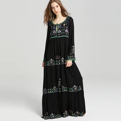 Black dress floral embroidered boho dress Vintage o-neck tassel long Sleeve dresses hippie long women dress brand clothing