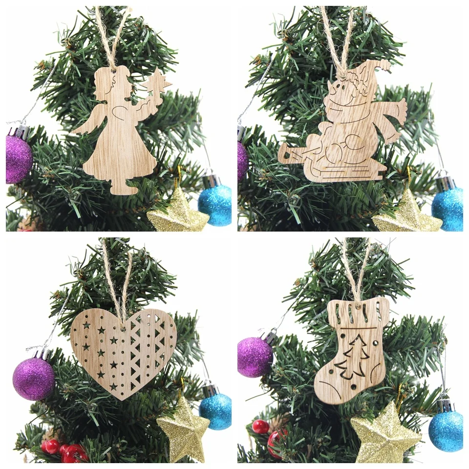 6PCS Vintage Christmas Wooden Pendant Hollow Canton Hanging Ornaments for Christmas Tree Decoration  DIY Wood Crafts Kids Toys