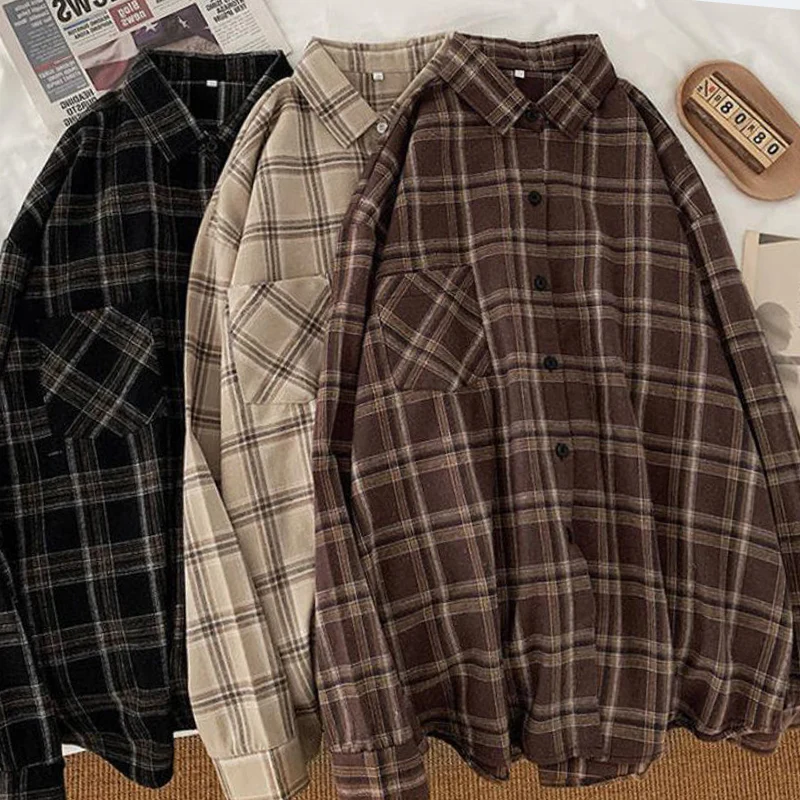 Autumn Plaid Shirt Women Oversize Blouse Ladies Tops Loose Korean Style Long Sleeves Jumper Feamle Streetwear Chemise Femme