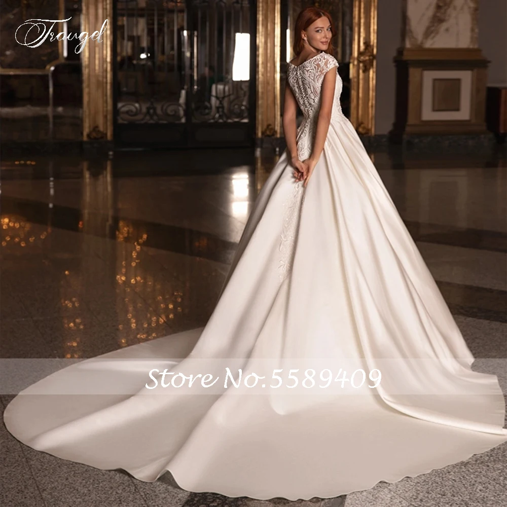 Traugel Vintage O-Neck A Line Satin Wedding Dresses Elegant Applique Short Sleeve Bride Dress Court Train Bridal Gown