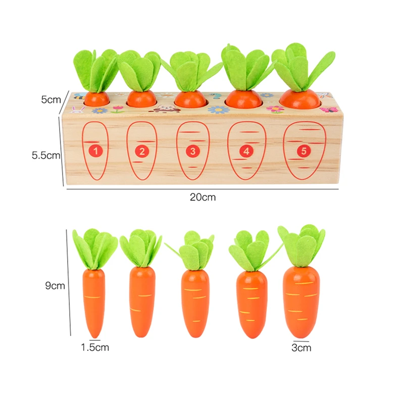 Treeyear Montessori Toys for 1 Year Old Toddlers Wooden Carrots Harvest Shape Size Sorting Game