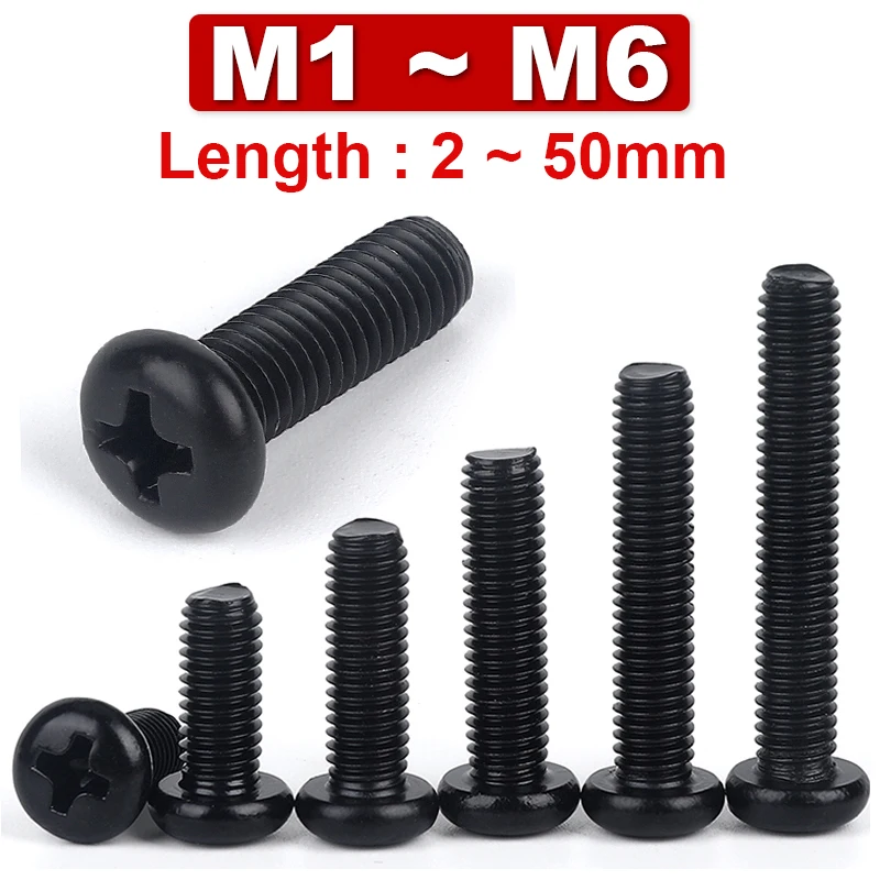 PM Black Round Head Phillips Machine Screws Pan Head Cross head Slot Bolts Machinery M1 M1.2 M1.4 M1.6 M2 M2.5 M2.6 M3 M3.5~M6