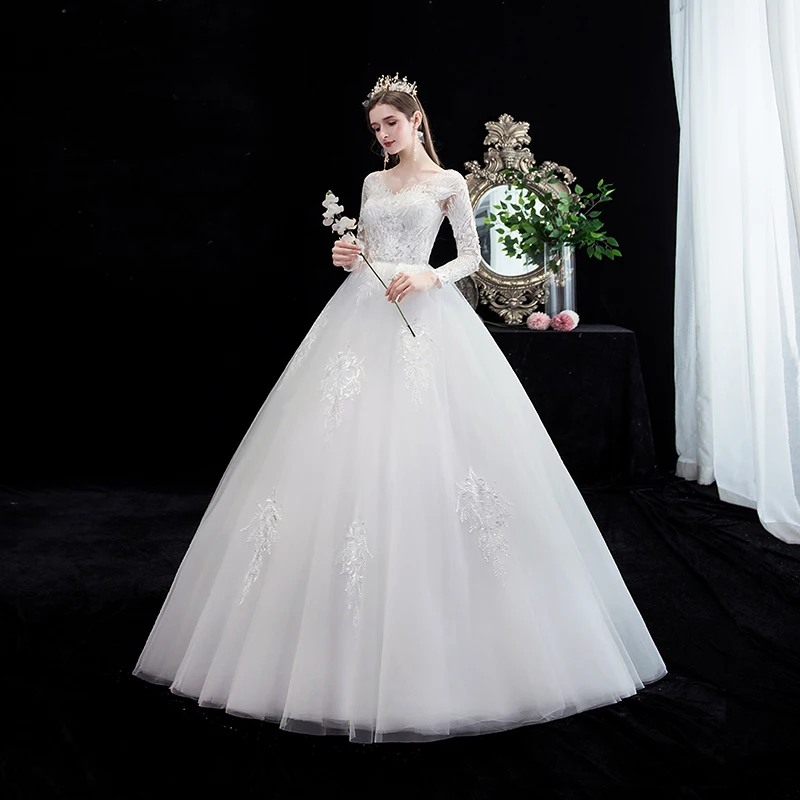 Ezkuntza Abito da sposa vintage illusione con scollo a V a maniche lunghe in pizzo ricamato Plus Size Abito da sposa sottile principessa Mariee personalizzato