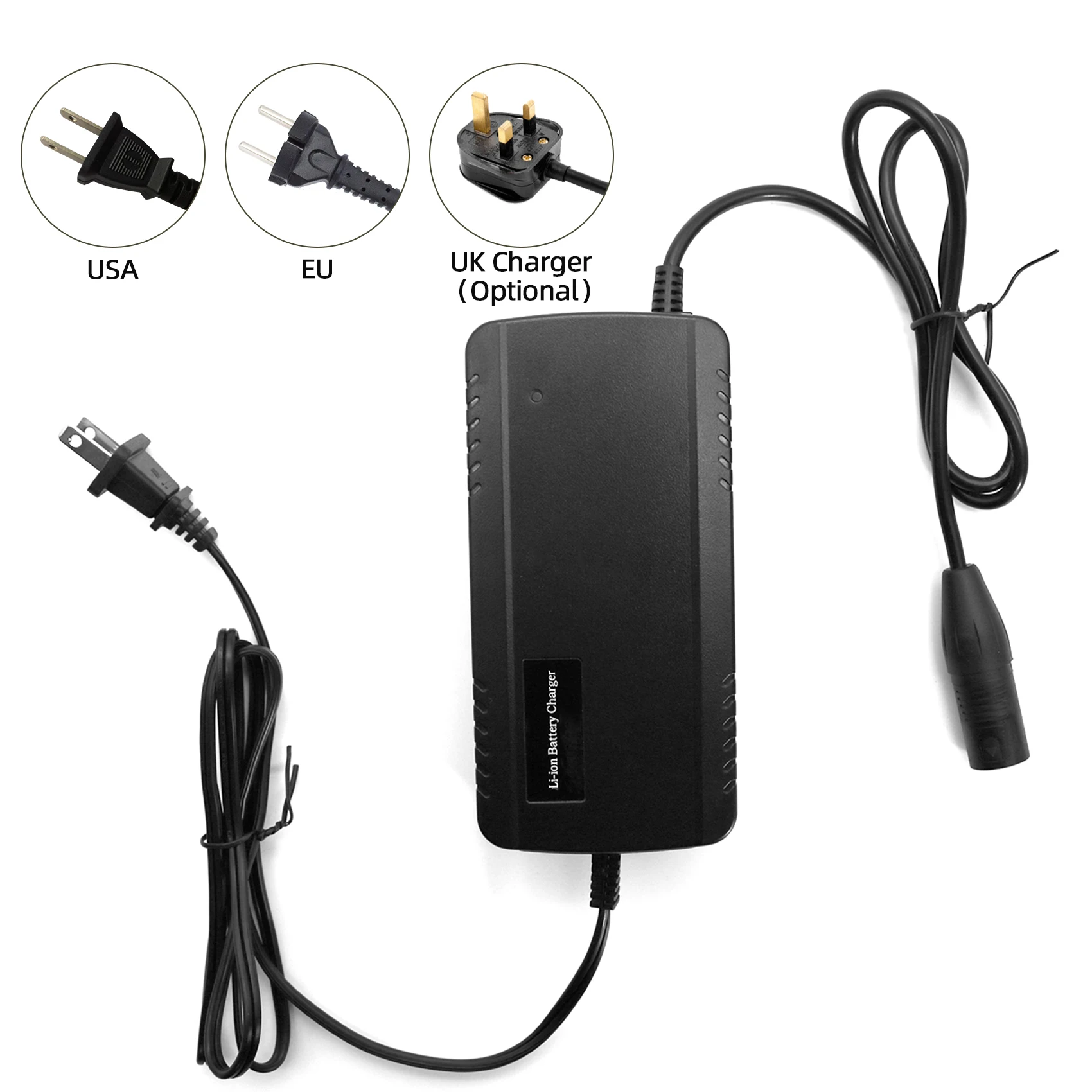 Li-ion Battery Charger for Electric Bike, Scooter, Lithium, Universal Charger, 3 Pin XLR Male, 36V, 48V, 52V