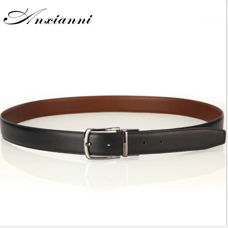 Anxianni men's belt, leather pin buckle business belt   105-125cm for men, black and brown