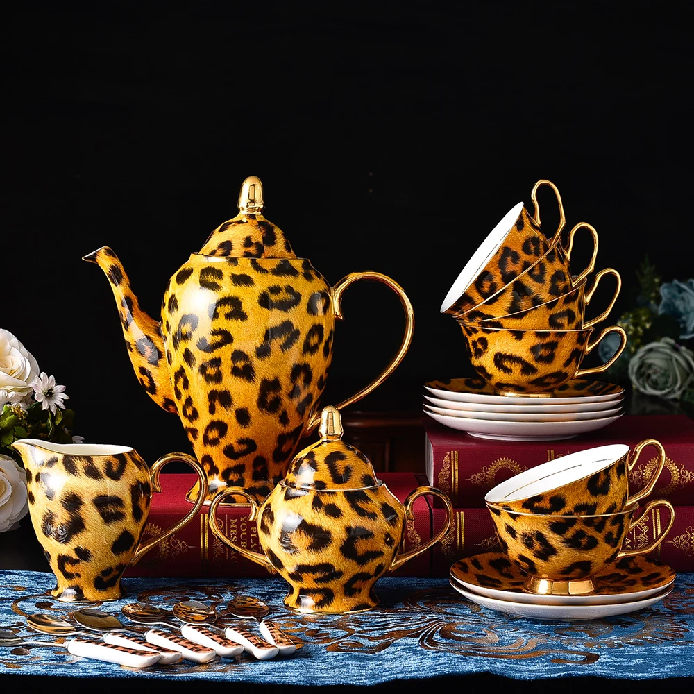 wholesale 15 Pcs Exquisite Decal  Luxury Gold Line Tea Time  Ceramic Leopard Print Coffee Tea Set for Hotel