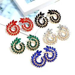 Hot Luxury Hollow Out Spiral Colorful Leaves Earrings Charm Rhinestone For Women Trendy Jewelry Party Accessories Wholesale