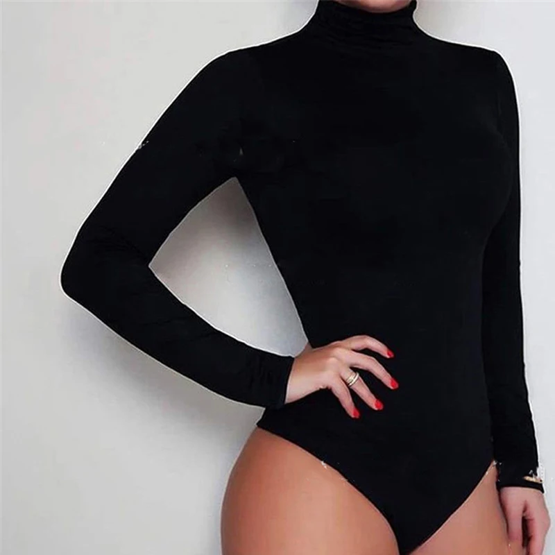 Atasan lengan panjang wanita, Turtleneck Solid seksi Tubuh Wanita atasan lengan panjang musim gugur musim dingin elegan ramping Bodycon hitam putih Bodysuit wanita