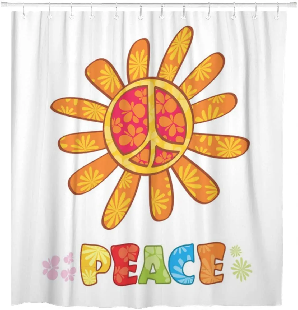 Blue Flower Hippie Peace Symbol Colorful Groovy Sign Abstract Shower Curtain Waterproof Fabric 60 x 72 Inches Set with Hooks