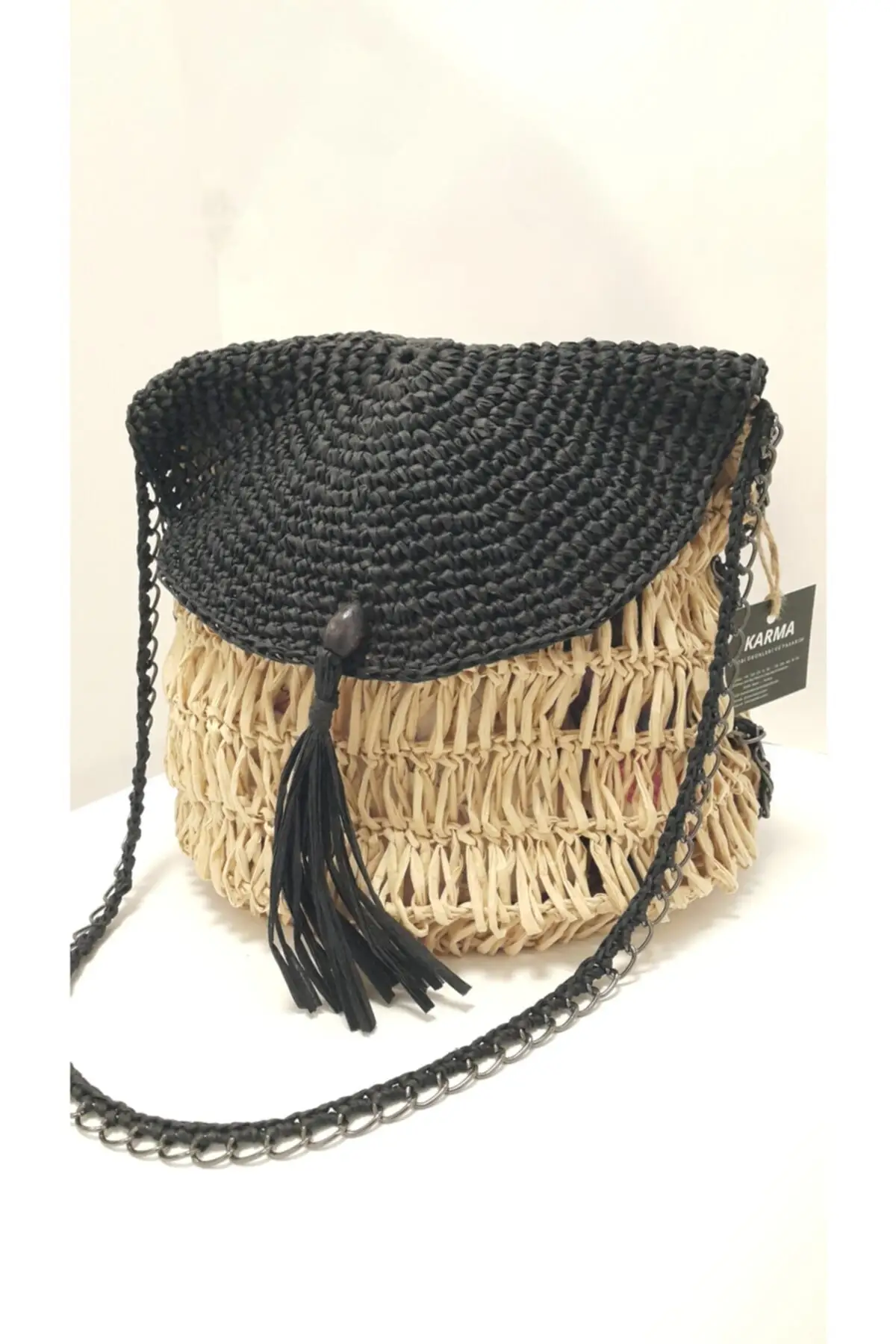 Lady Beige Black Raffia Straw Bag