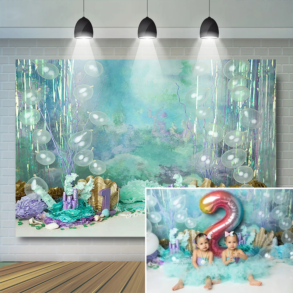 

Mermaid Party Backdrop Kids Girl Cake Smash Photography Bacjground Under The Sea Theme Props Balloons Banner Child Photostudio