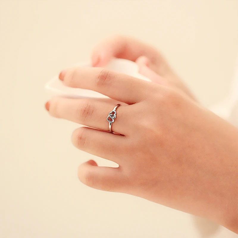 CLUCI Silver 925 Romantic Double Heart Anniversary Ring Simple Design Women Engagement Ring Gift Jewelry DR1004SB