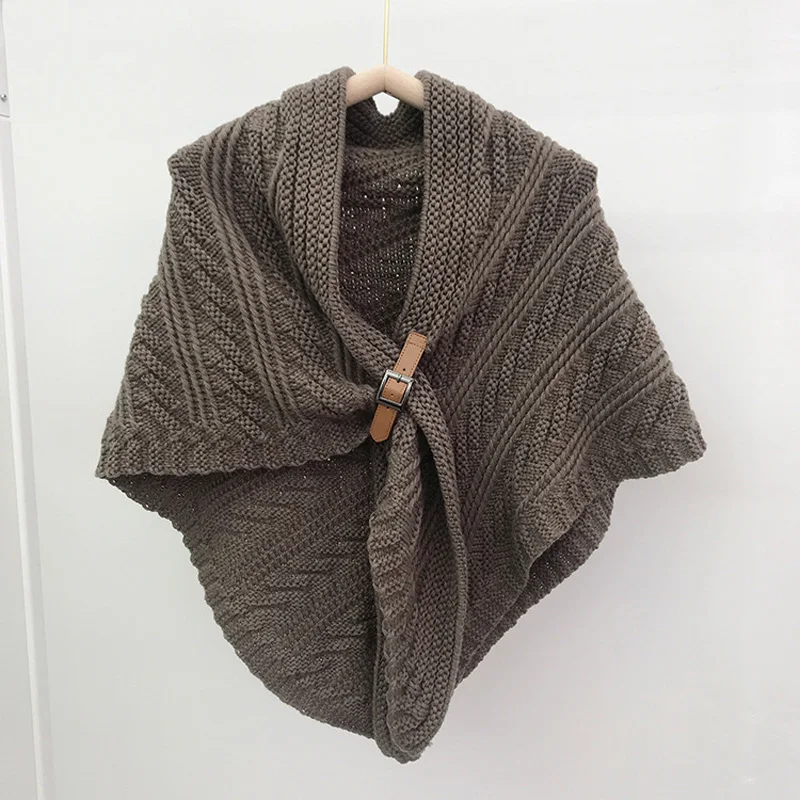 Large Solid Triangle Scarf Ponchos Women Winter Knitted Capes Tippet Office Warm Shawl Wraps Belt-Lock Shrug Szalik Zimowy Stole