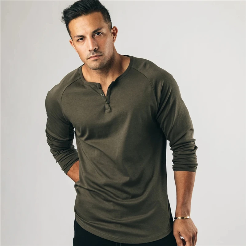 

Autumn Outdoor Fashion Fitness Long-sleeved T-shirt Men's Cotton Stretch Slim Button Collar Printing Gyms Fitness Sports T-shirt