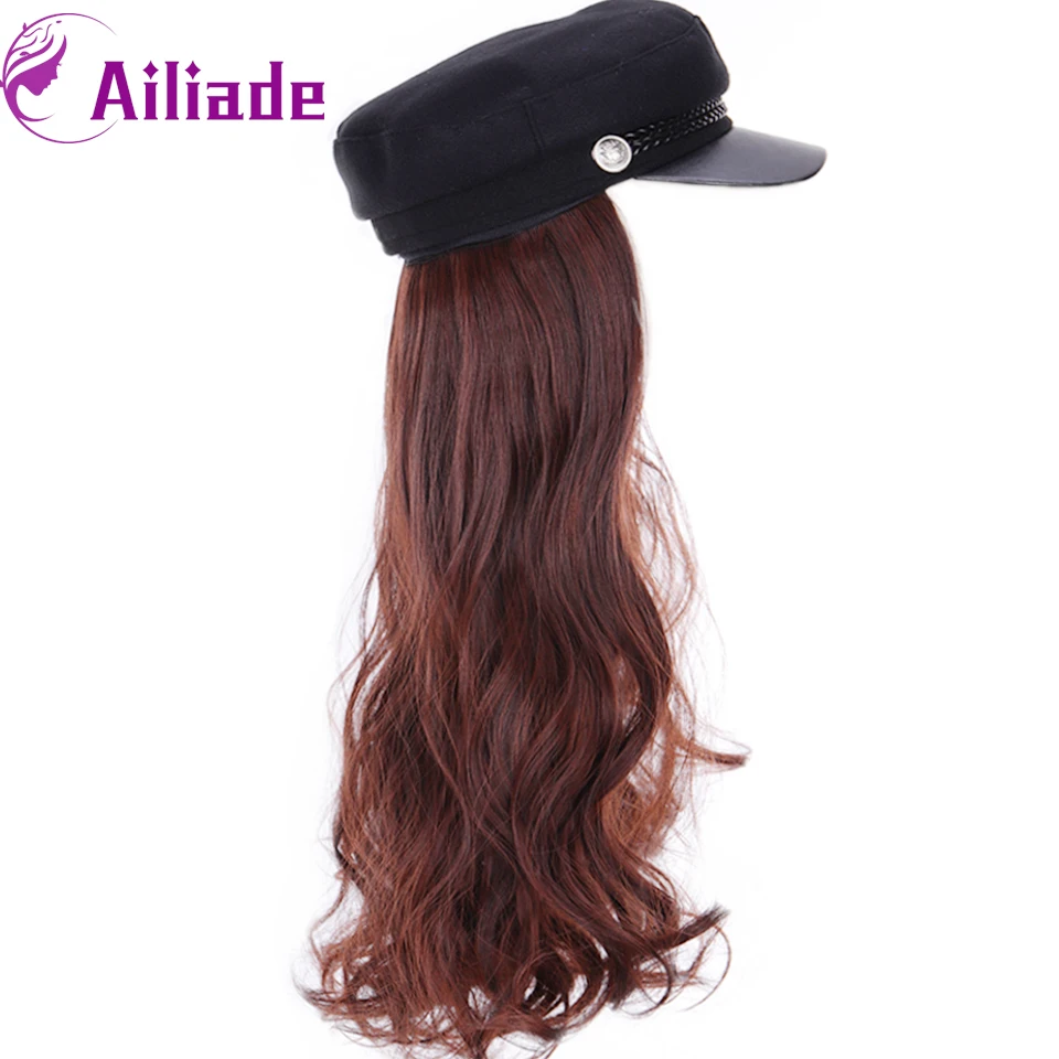 AILIADE Synthetic Long Straight Wavy Wigs with Beret Hat Navy Hat Knitted Hat Fashion Autumn Winter Cap Hair Wig Hair Extensions