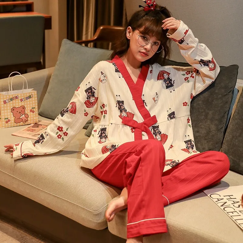 Pijama de algodón de manga larga para mujer, ropa de dormir Sexy, bata de noche para el hogar, ropa de salón, traje suelto, servicio a domicilio, otoño