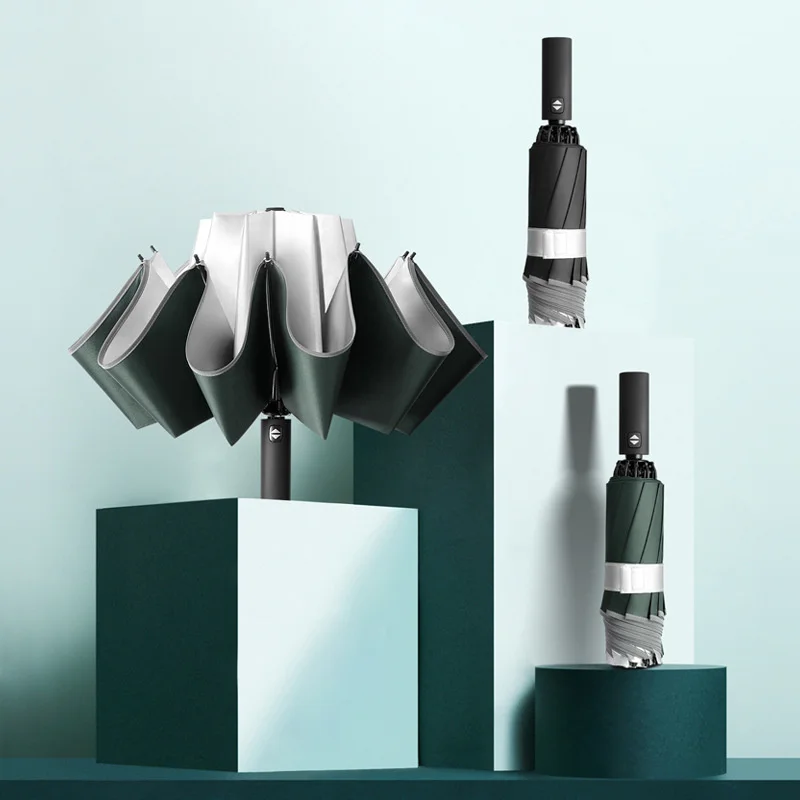 New Reverse Umbrella Titanium Silver Coating 3 Fold Automotic Umbrella 10ribs Sunny Ombrello Inverso