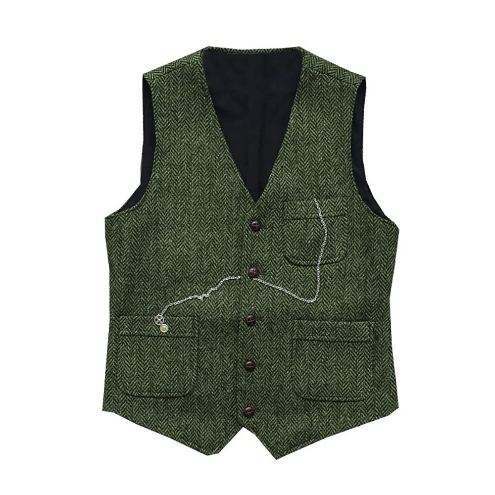 Men\'s Suit Formal V Neck Wool Green Herringbone Tweed Casual Waistcoat Formal Business Vest Groomman For Wedding