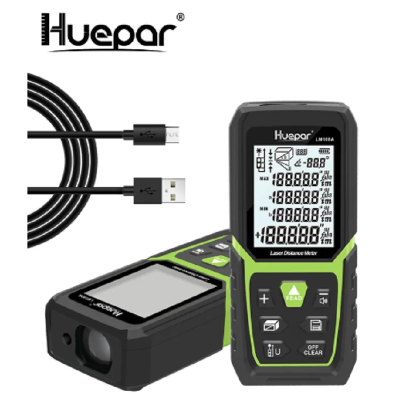 Huepar Laser Rangefinder 330Ft/100M(165Ft/ 50M 390Ft/120M)Backlit LCD Laser Measure M/In/Ft  Laser Distance meter