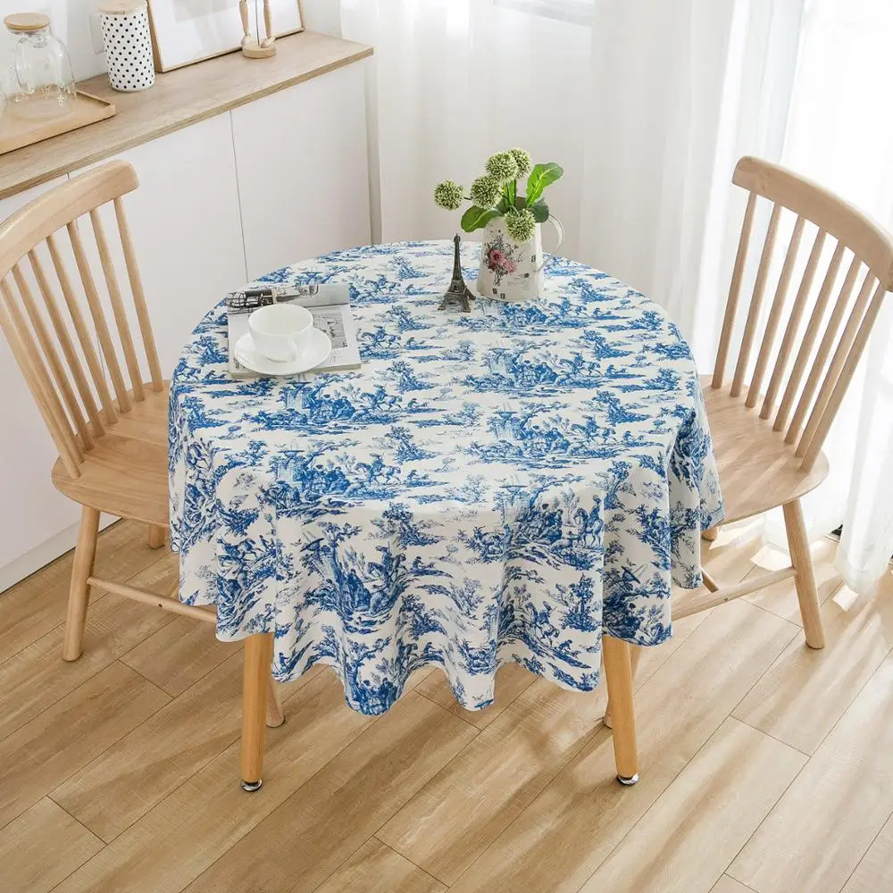 Cotton Linen Round Table Cloth Blue Garden Ink painting tablecloth Kitchen living room napkin Coffee Tablecloth Diameter 150cm