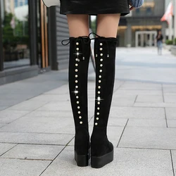 Women's Boots Autumn Winter 2021 Pearl Increased Internal High Heels Platform Shoes Women Stretch Fabric Over The Knee Boots