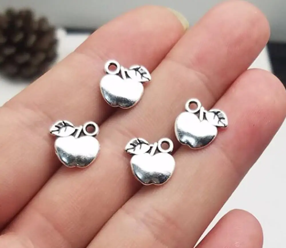 50pcs/Lot--10x10mm Antique Silver Plated Apple Charms Teacher Pendants For Diy Supplies Jewelry Making Keychain Accessories