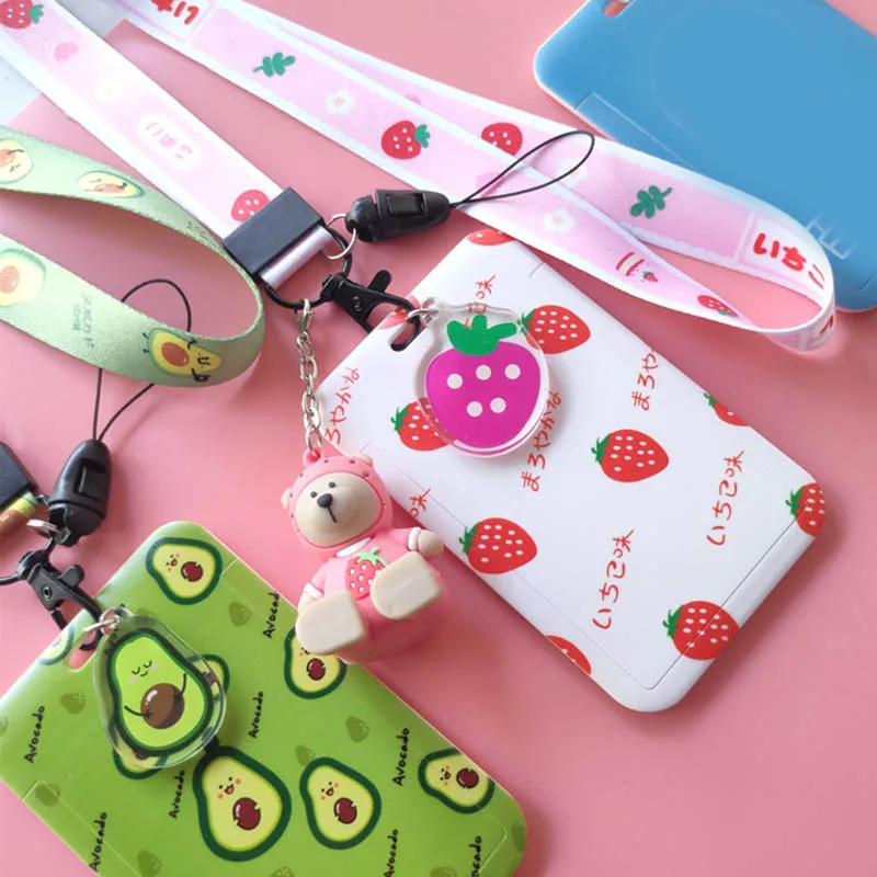 New Fashion Cute Strawberry Avocado Lanyard Credit Card ID Holder Bag Student Women Travel Bank Bus Business Card Cover Badge