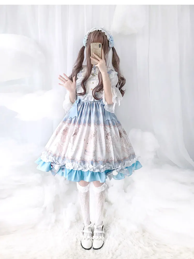 

Princess daily tea party sweet lolita dress vintage lace bowknot cute printing victorian dress kawaii girl gothic lolita jsk cos