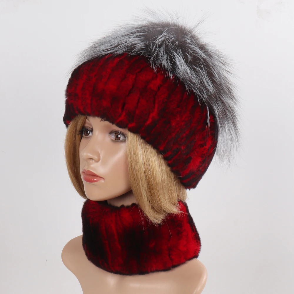 Women's Winter Warm Genuine Fur Hat Scarf Set Real Rex Rabbit Fur Cap with Silver Fox Scarves 2-Piece Natural Fashion Accessory