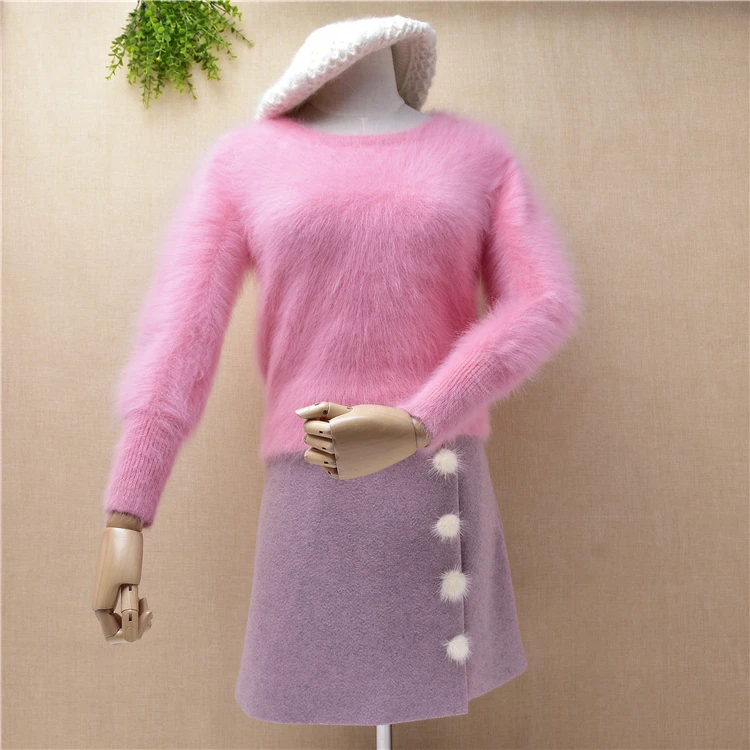 women sweater PINK sweet winter mink cashmere pure soft angora rabbit fur made o-neck slim sweaters pullovers