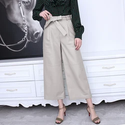 Fashion Clothing Women 100% Genuine Leather Pants Female Stylish High Waist Bow Elegant Wide Leg Casual Ankle Long  Trousers