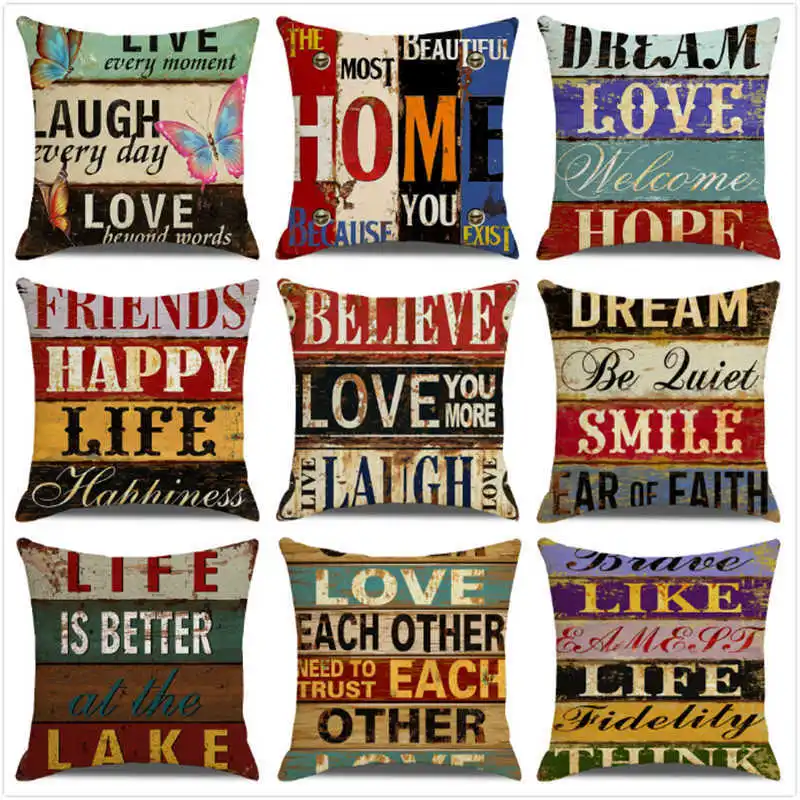 

Retro Industrial Style Cushion Cover Wood Grain Letters Decor Pillowcase Home Chair Seat Furnishings Linen Pillow Cover 45x45cm