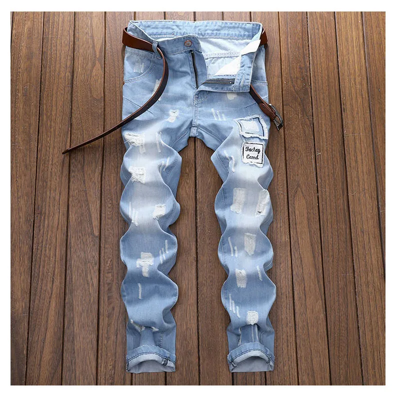 Summer men's jeans men's hole fashion trend Slim straight men's patch beggar pants sky blue demin jeans-ker001