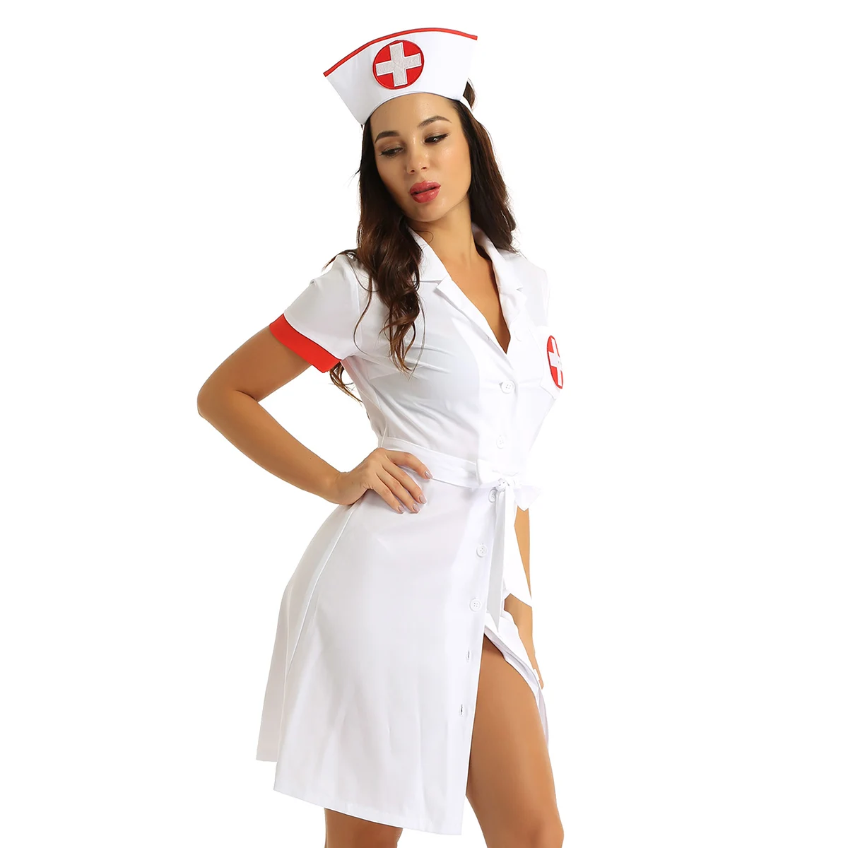 3Pcs Women Adults Medical Nurse Doctor Uniform Cosplay Costume Temptation Sexy Game Roleplay Dress Outfit with Belt And Hat