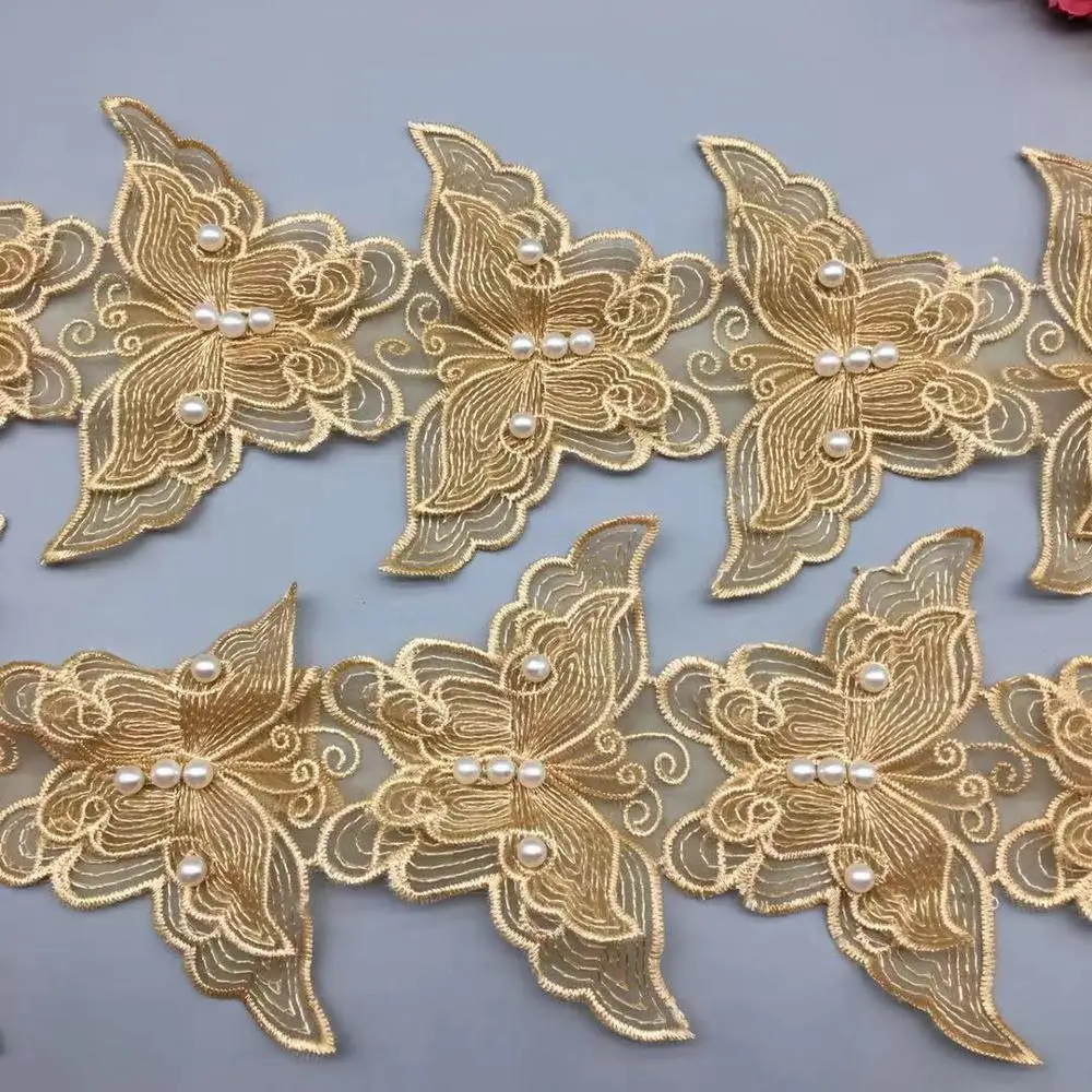 10x Oro Perla Del Merletto In Rilievo 7.5X11CM Farfalla Ricamato 3D Flower Lace Trim FAI DA TE Applique Tessuto Mestiere di Cucito FAI DA TE Abito